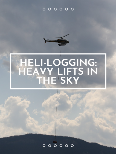 Helicopter in flight with text that says "Heli-Logging: Heavy Lifts in the Sky."