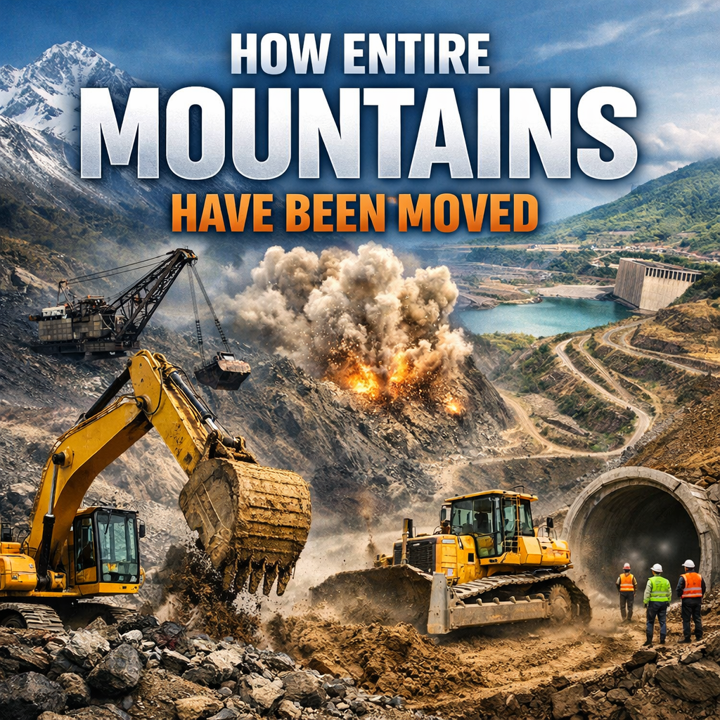 Dozer and excavator move earth as a controlled blast hits a mountainside with text "How entire mountains have been moved."