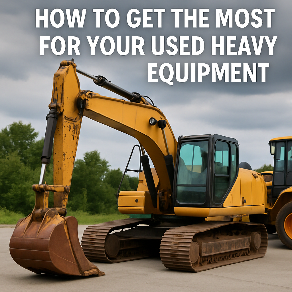 Left side profile of a parked excavator with the text "How To Get The Most For Your Used Heavy Equipment."