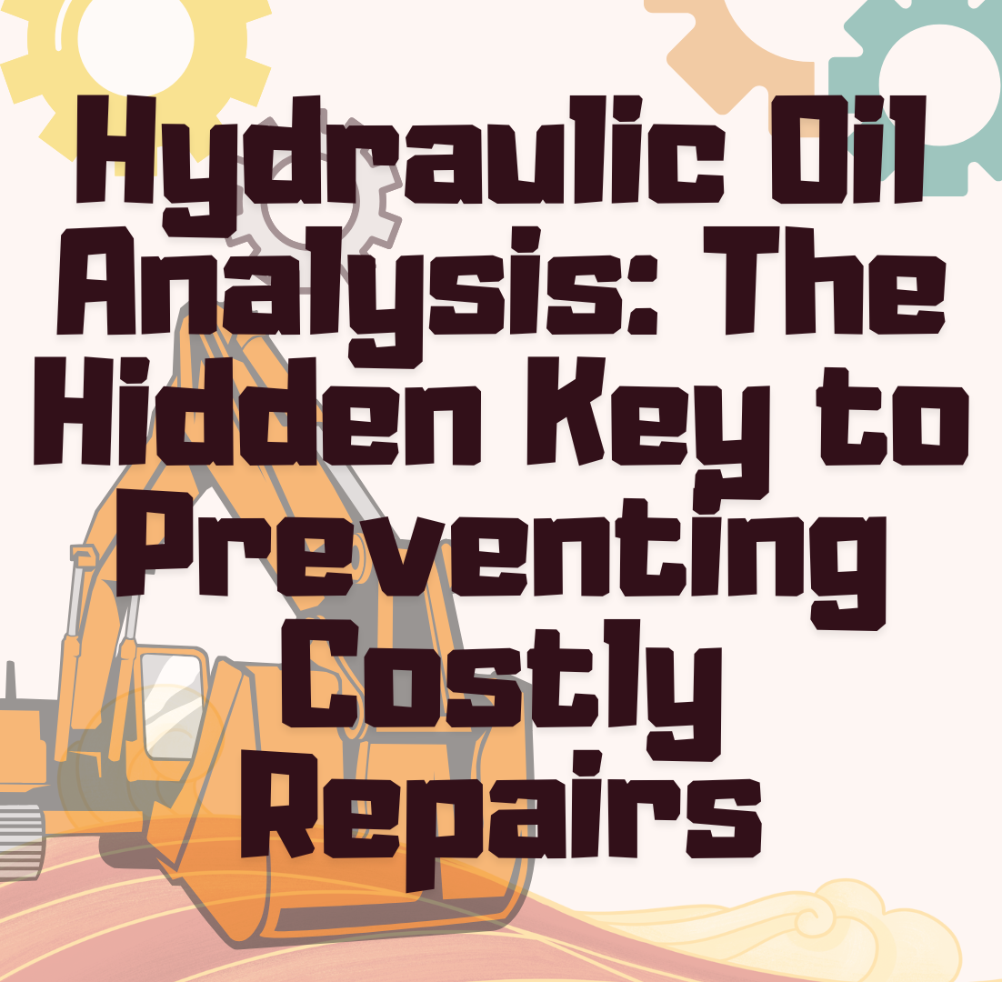 Illustration of an excavator and gears with the text "Hydraulic Oil Analysis: The Hidden Key to Preventing Costly Repairs."