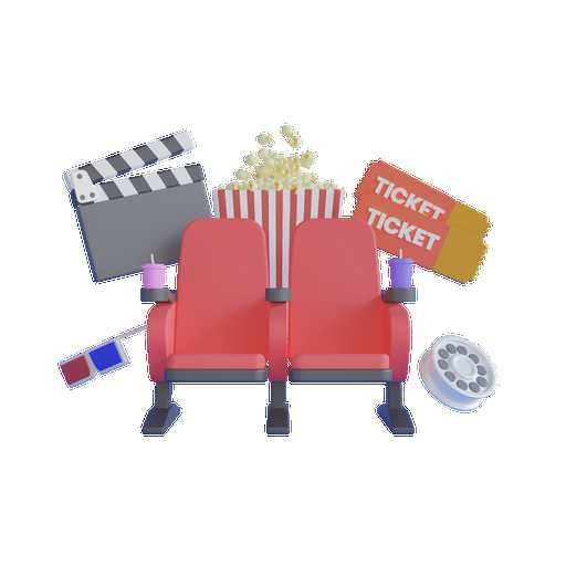 Illustration of red movie theatre seats with drinks in cupholders, popcorn, tickets, 3D glasses and other icons behind it.