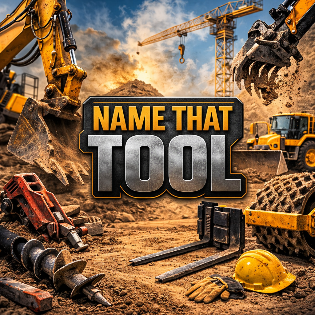 Heavy machinery attachments displayed on a construction site with a crane, excavator and text "Name That Tool."