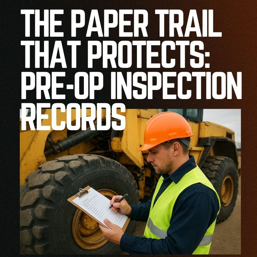 Construction worker on site filling out a clipboard with the text "The Paper Trail That Protects: Pre-Op Inspection Records."