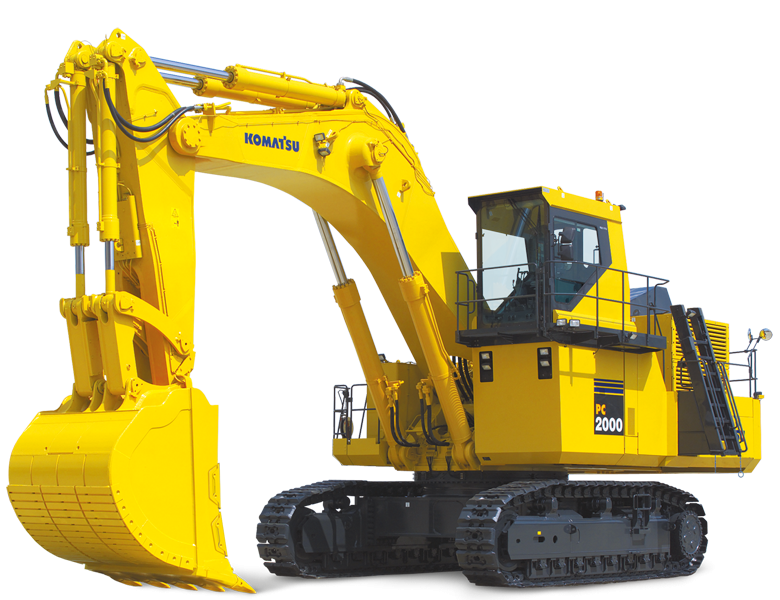Left side view of a large yellow Komatsu PC 2000 mining excavator on a black background.
