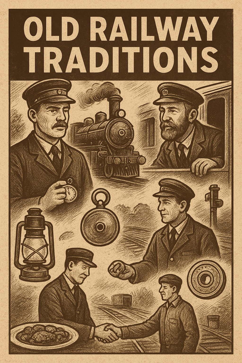 Vintage black and white illustrations of a train conductor, train, pocket watch etc. with the text "Old Railway Traditions."