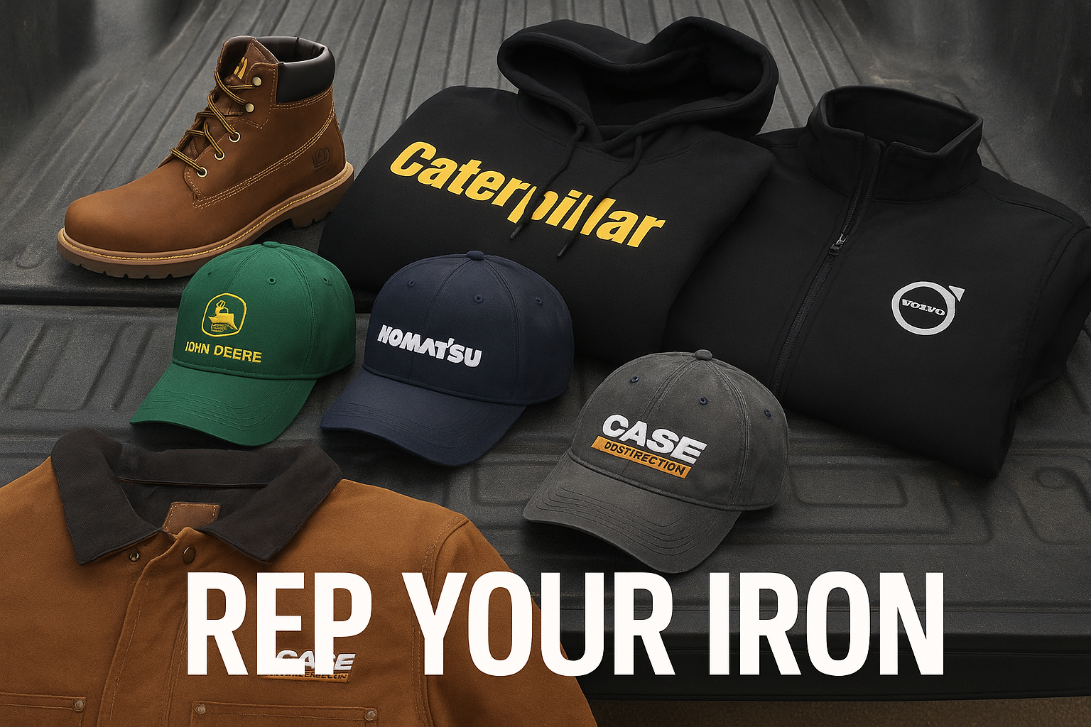 Collection of work apparel and hats featuring Caterpillar, Volvo, John Deere, Komatsu, and Case logos.