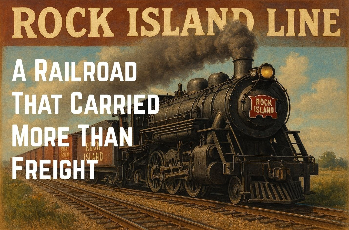 An artistic rendition of a steam engine on tracks with text that says "Rock Island Line A Railroad that Carried More than Freight."
