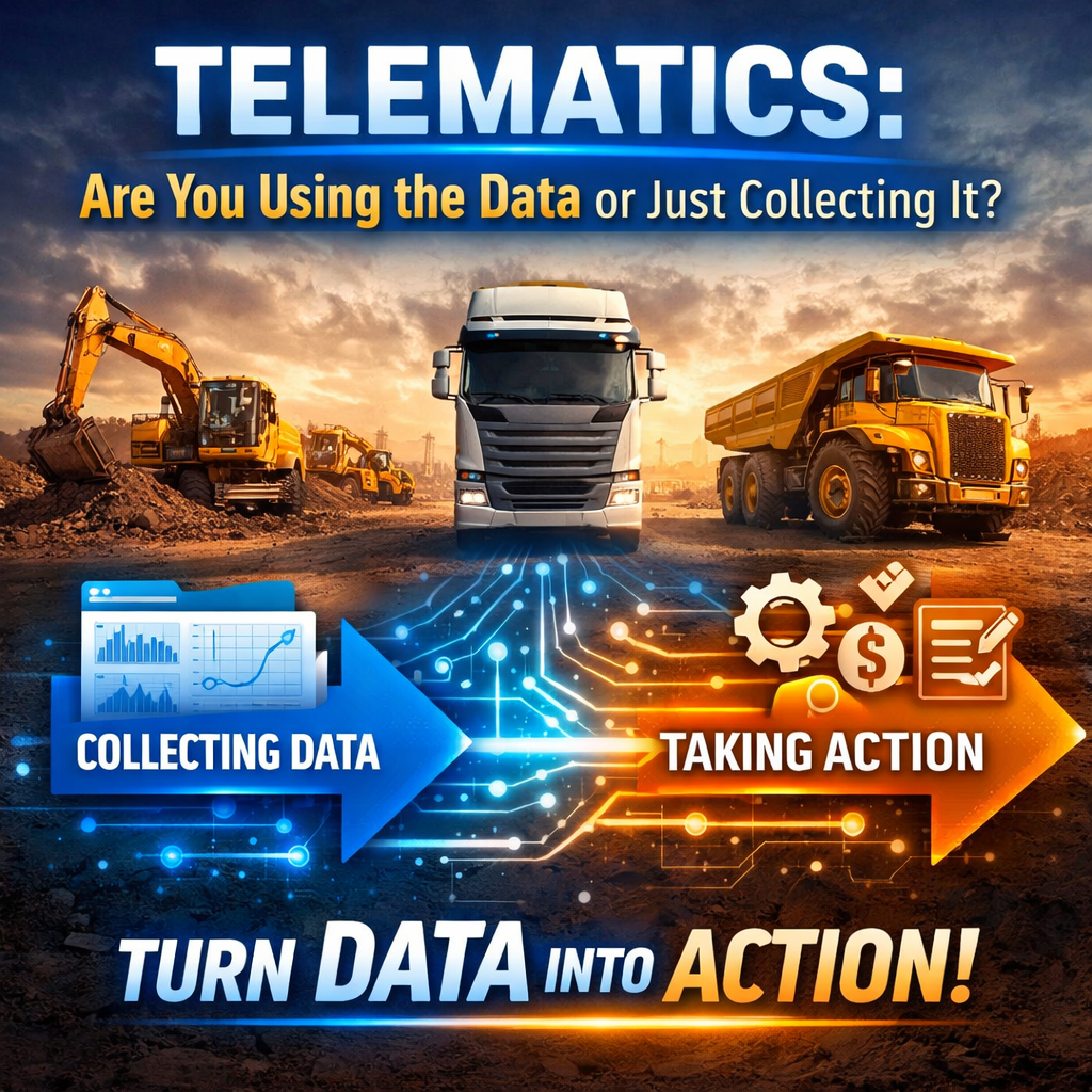 Equipment and truck with connected data arrows, and text "Telematics: are you using the data or just collecting it?"