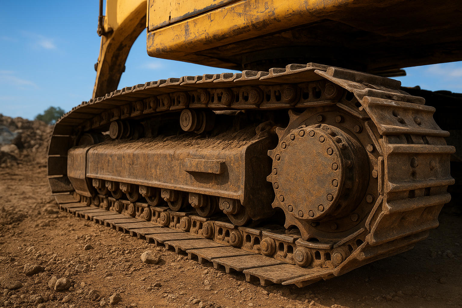 Undercarriage close up showing track, undercarriage, pins and bushings.