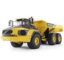 Left side view of a yellow and black Volvo A60H articulated hauler on a white background.