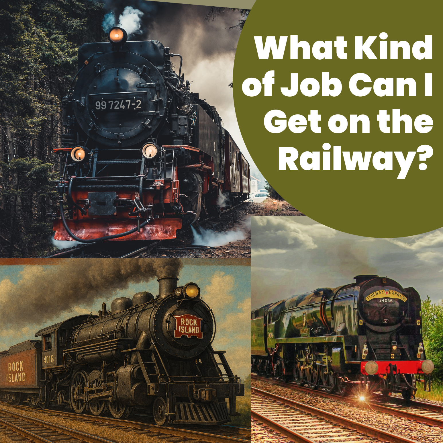 Collage of vintage trains driving on tracks with the text "What Kind of Job Can I Get on the Railway?"