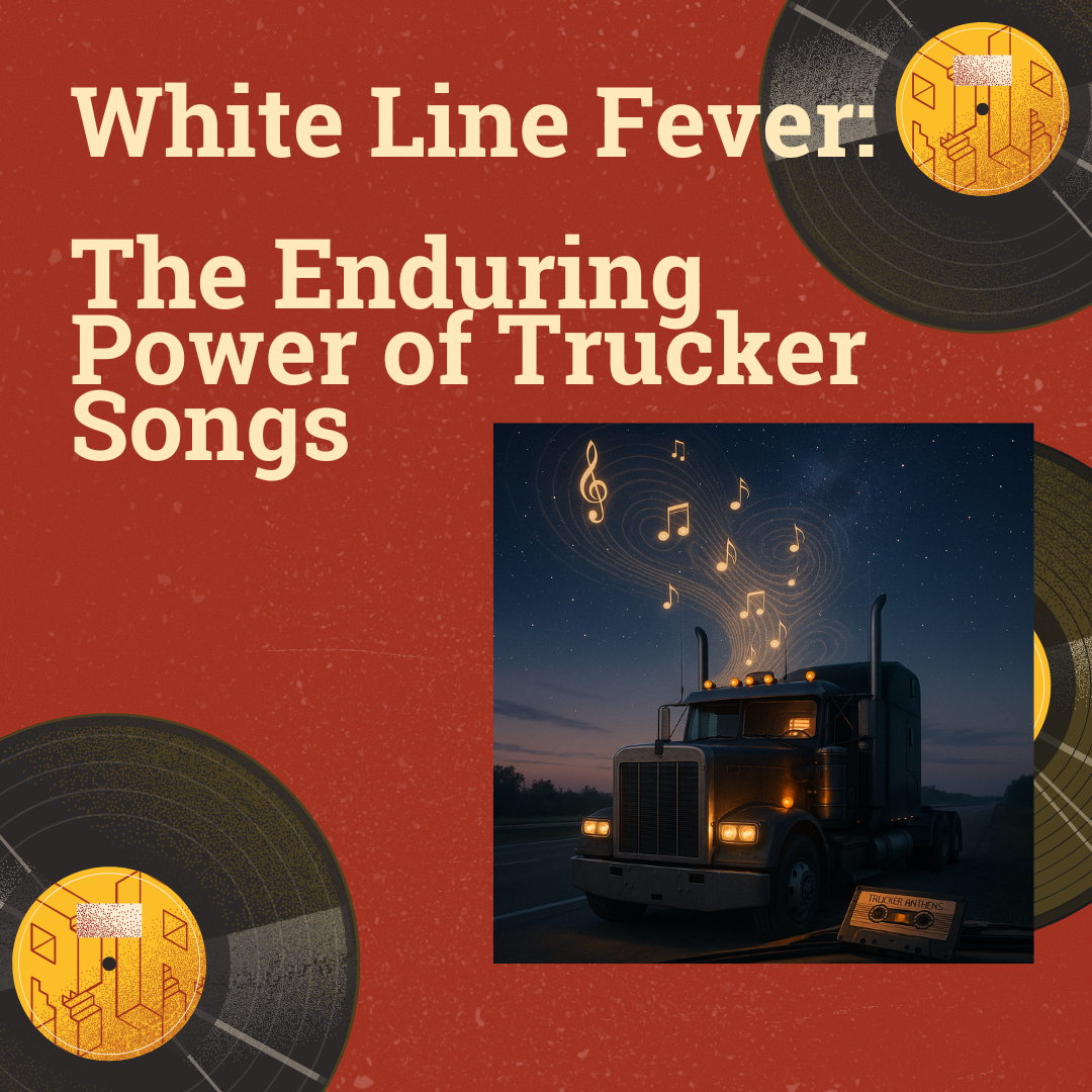 Vinyl records with a semi truck on the cover and text "White Line Fever: The Enduring Power of Trucker Songs."