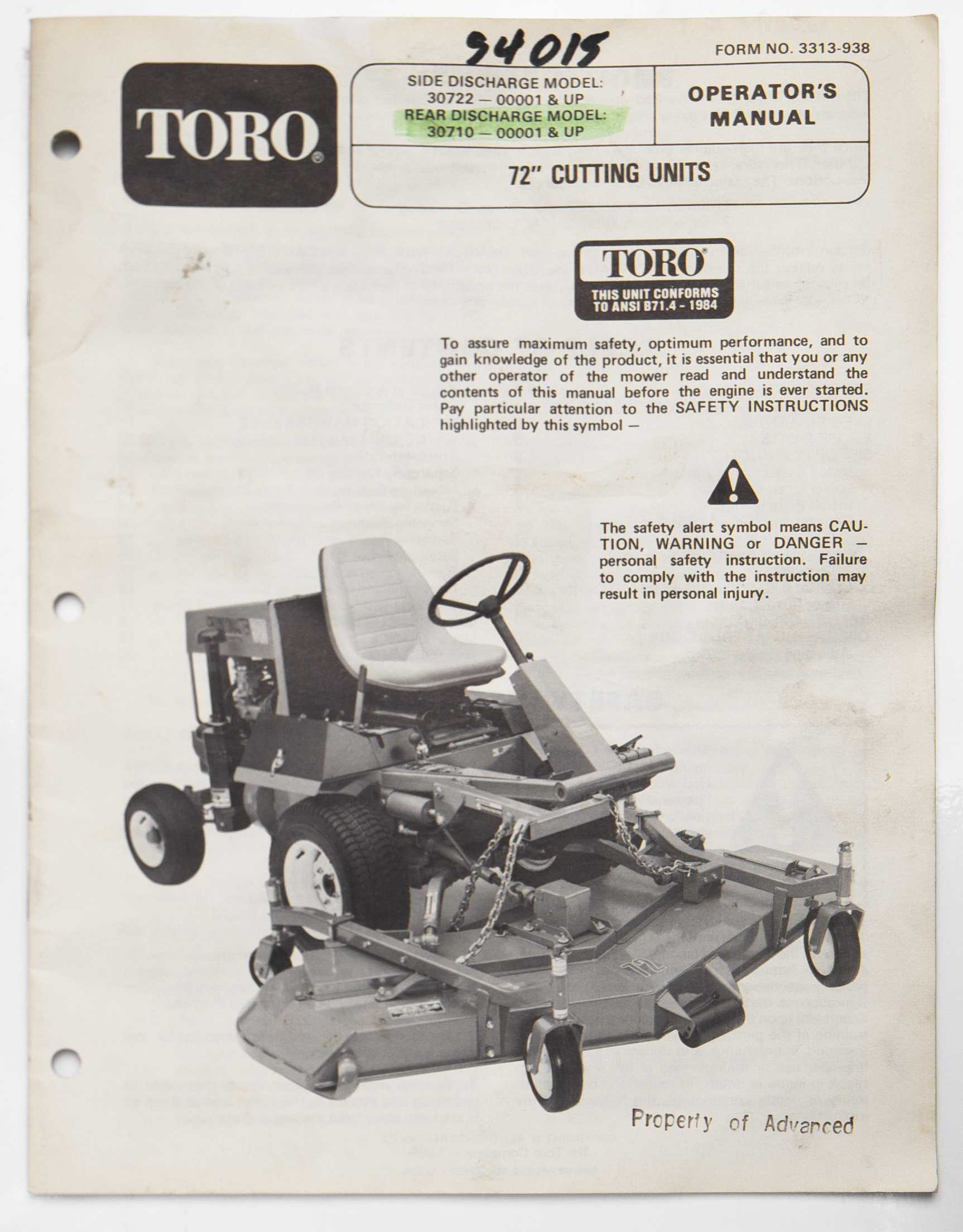 Toro 72" Cutting Units Operator's Manual  Form No. 3313-938 1989 For Sale