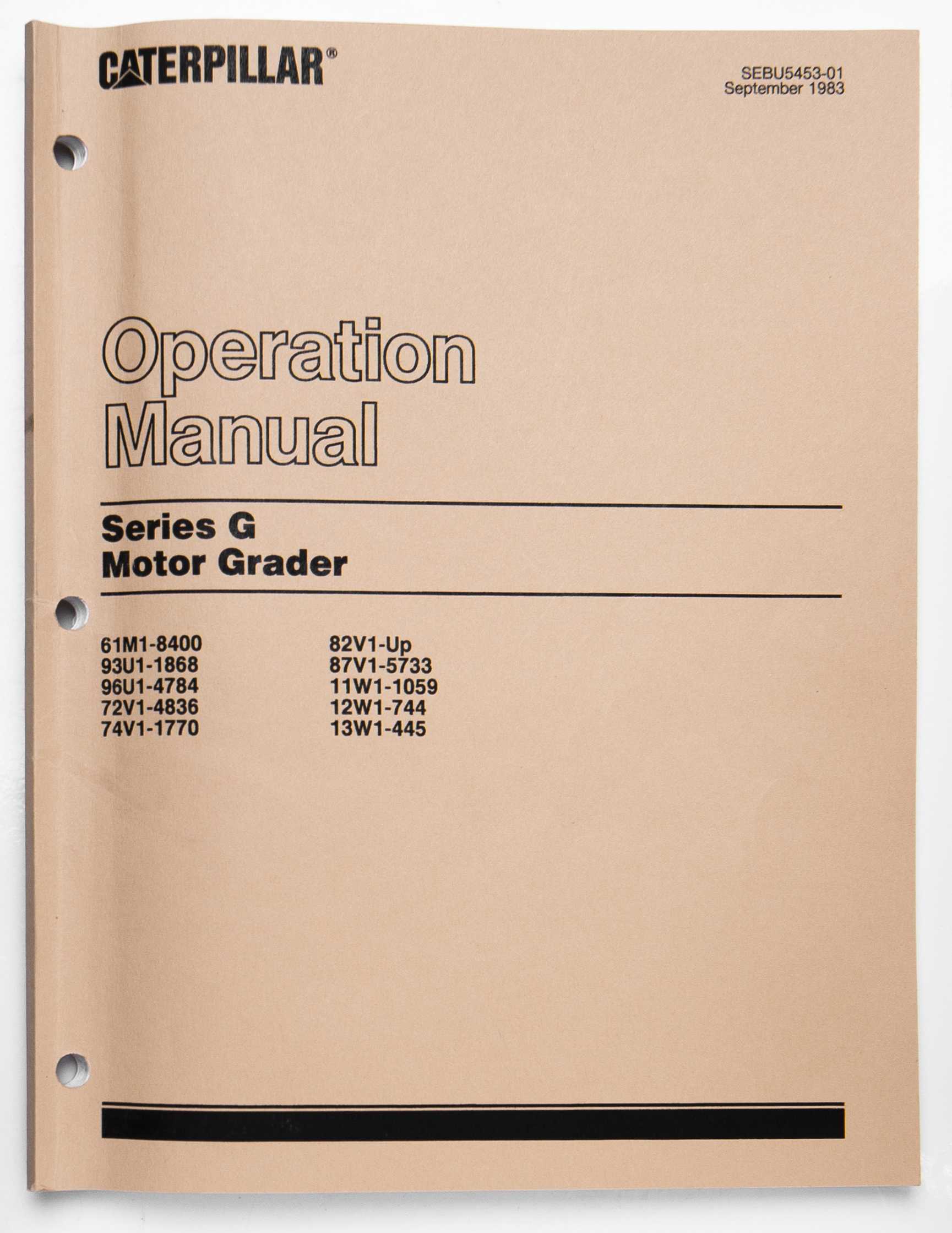 Caterpillar Series G Motor Grader Operation Manual SEBU5453-01 September 1983 For Sale