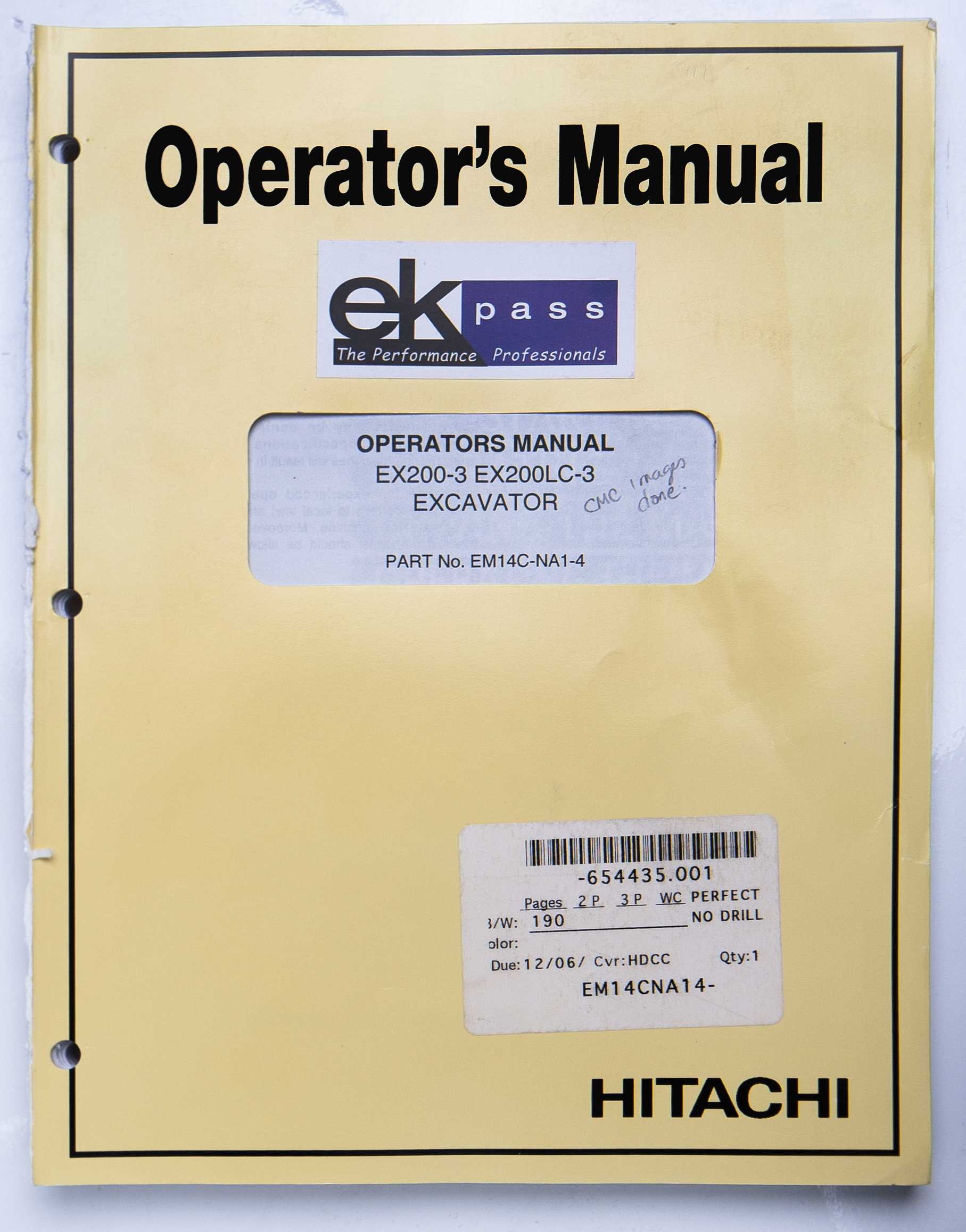 Hitachi EX200-3, EX200LC-3 Excavator Operator's Manual Part No. EM14C-NA1-4 For Sale
