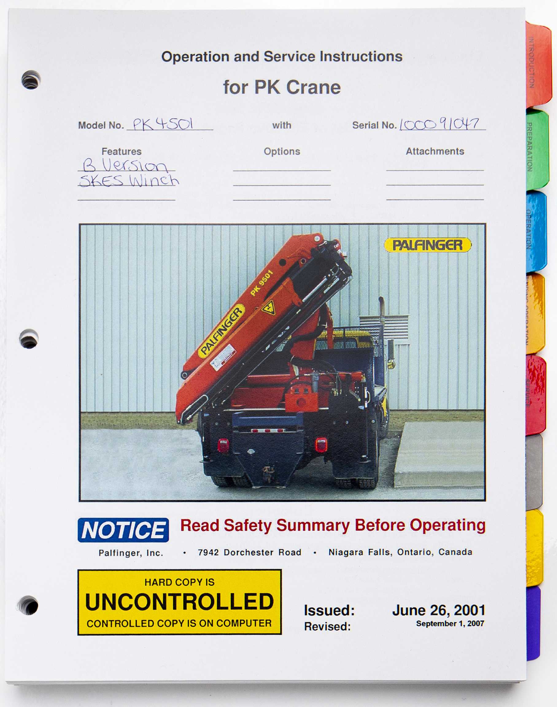 Palfinger PK4501 PK Crane Operation & Service Instructions September 2007 For Sale