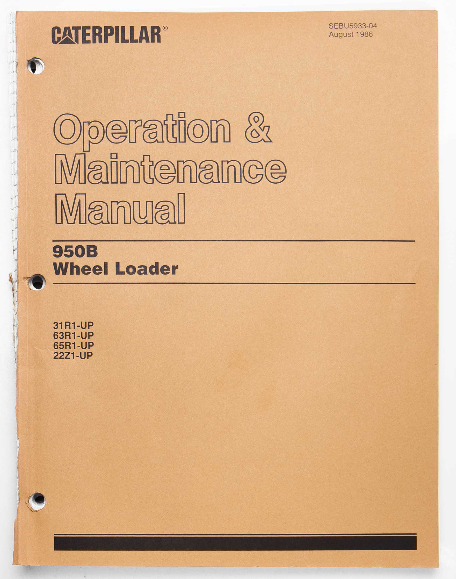 Caterpillar 950B Wheel Loader Operation & Maintenance Manual SEBU5933-04 August 1986 For Sale