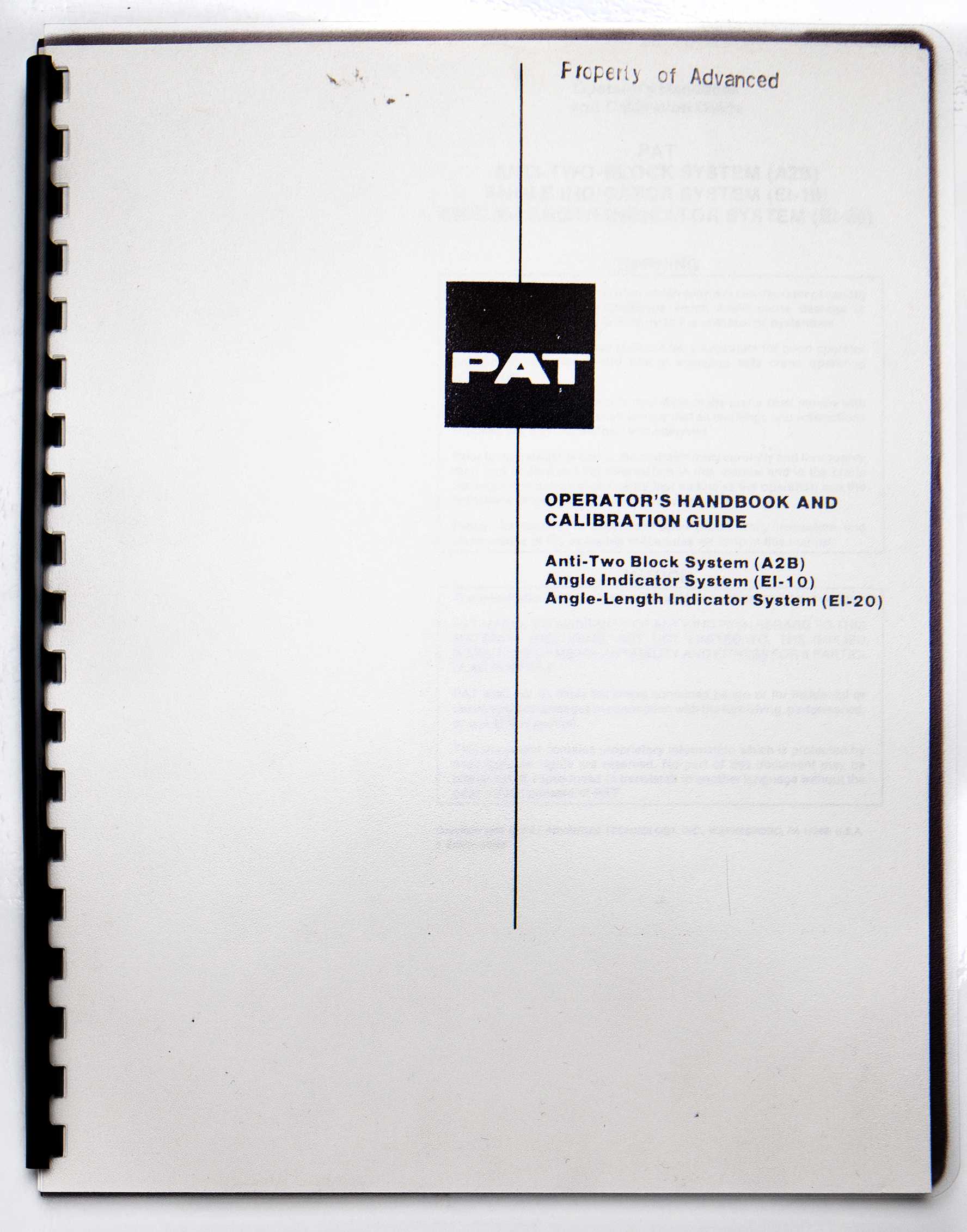 PAT Anti-Two Block System (A2B), Angle Indicator System (EI-10) & Angle-Length Indicator System (EI-20) Operator's Handbook & Calibration Guide October 1988 For Sale