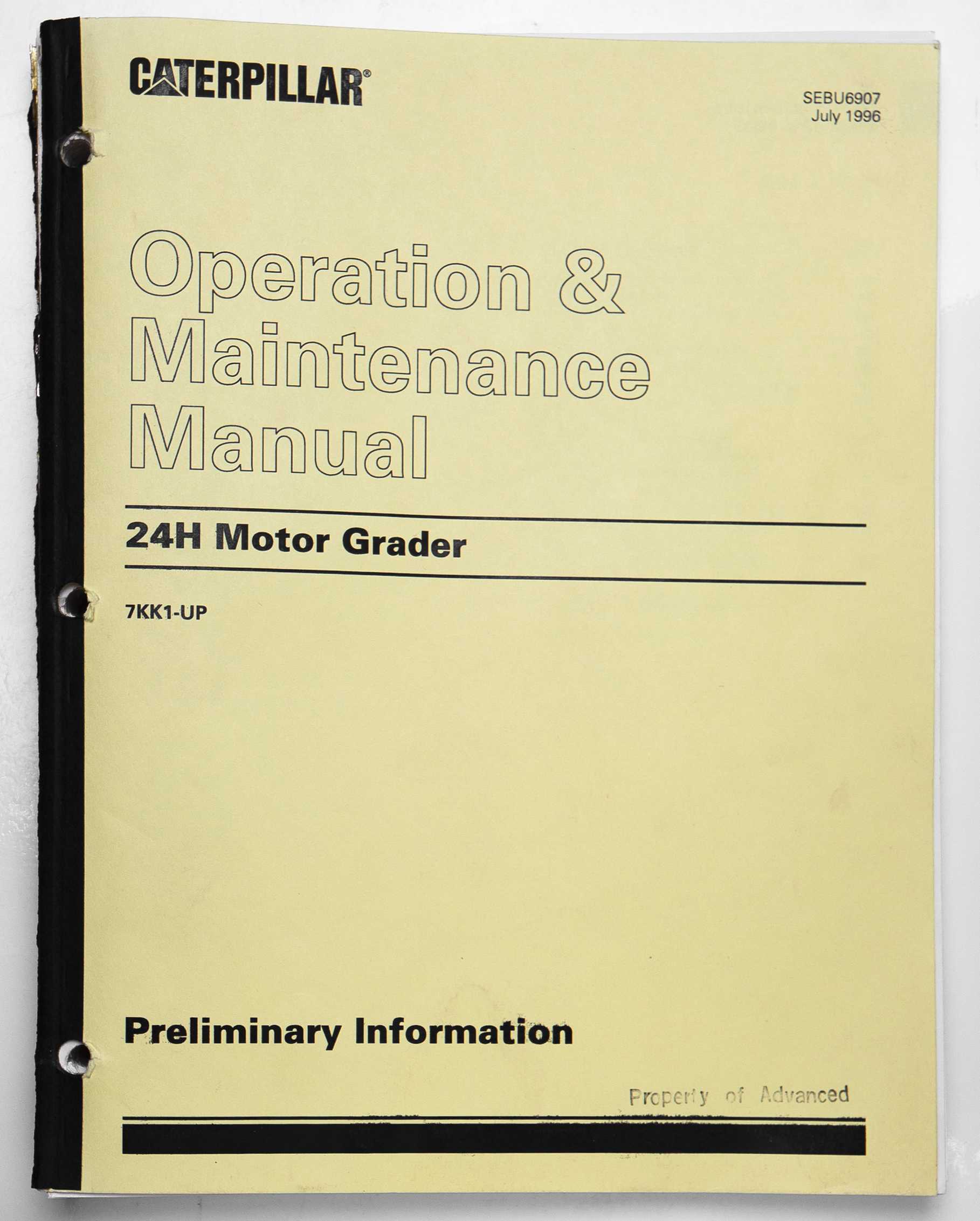 Caterpillar 24H Motor Grader Operation & Maintenance Manual Preliminary Information SEBU6907 July 1996 For Sale