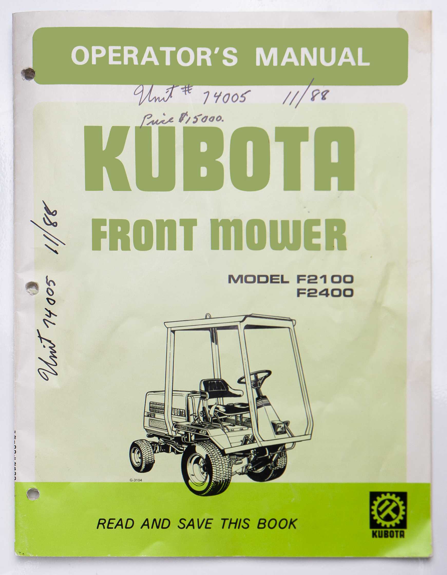 Kubota Model F2100, F2400 Front Mower Operator's Manual Code No. 76630-6211-1 For Sale