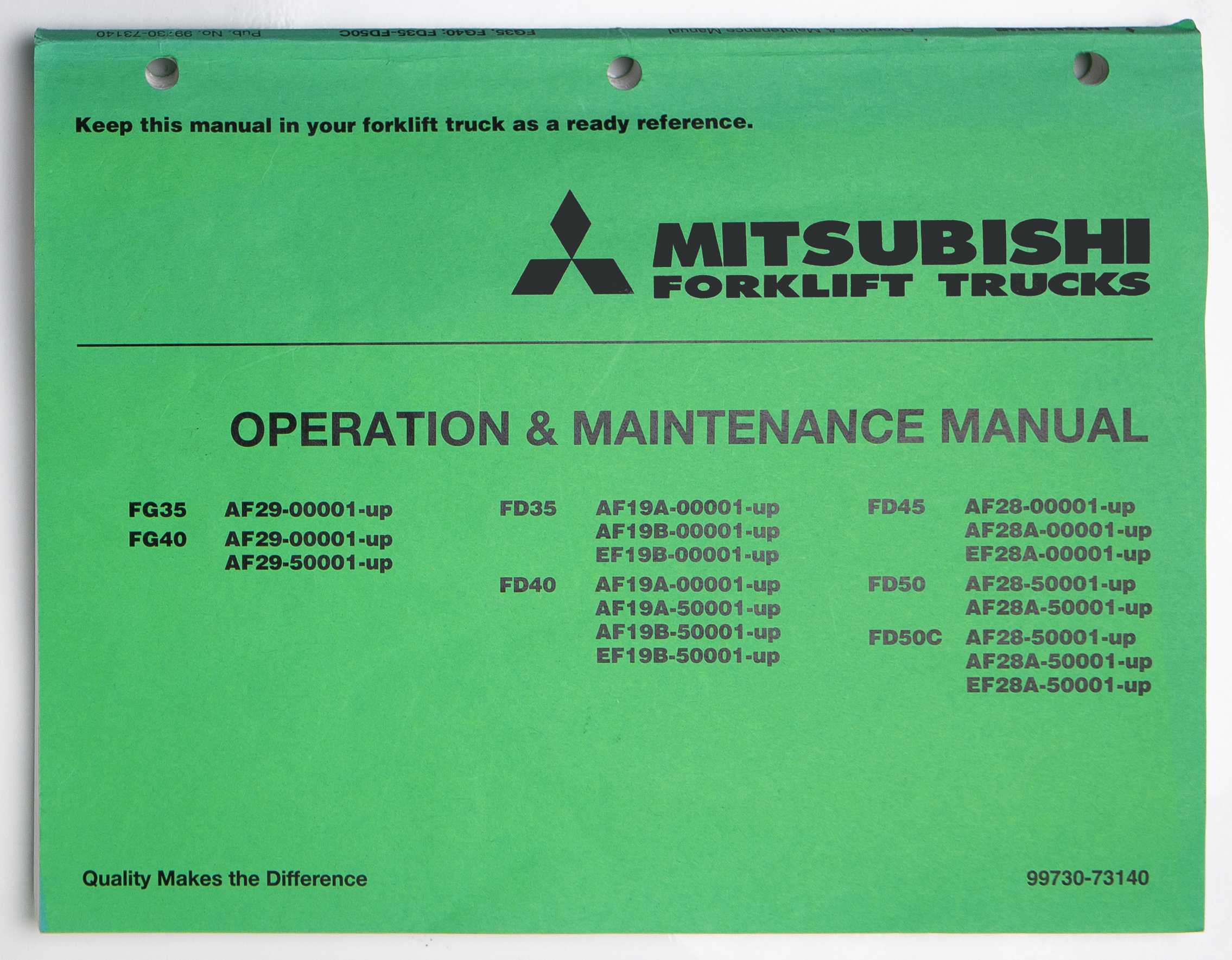 Mitsubishi Forklift Trucks FG35, FG40, FD35, FD40, FD45, FD50, FD50C Operation & Maintenance Manual 99730-73140 2000 For Sale