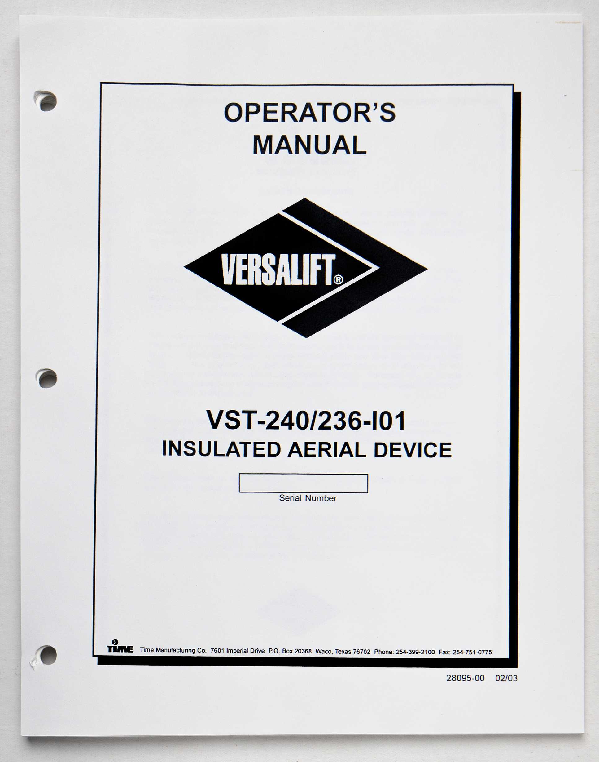 Time Manufacturing Co. Versalift VST-240/236-I01 Insulated Aerial Device Operator's Manual 28095-00 February 2003 For Sale
