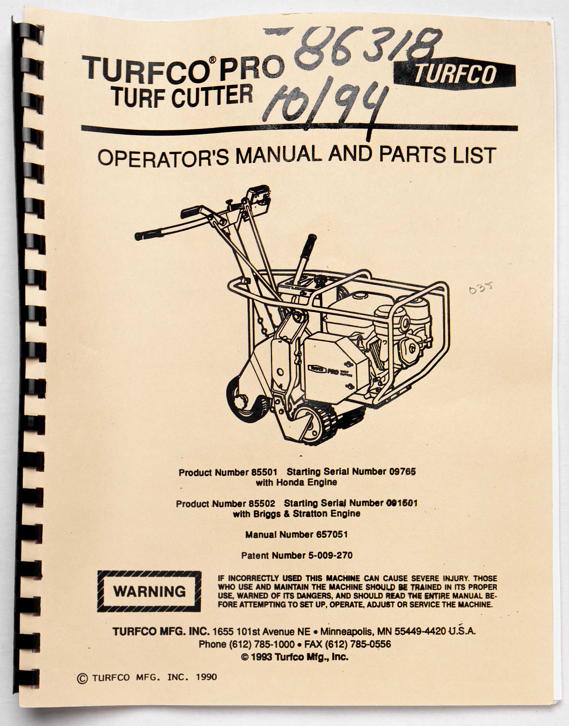 Turfco 85501 & 85502 Turf Cutter Operator's Manual & Parts List 657051 4C3/94 1994 For Sale