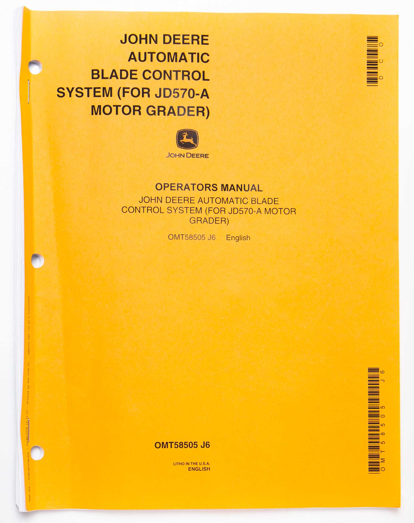 John Deere Automatic Blade Control System (For JD570-A Motor Grader) Operators Manual OMT58505 J6 February 2008 For Sale