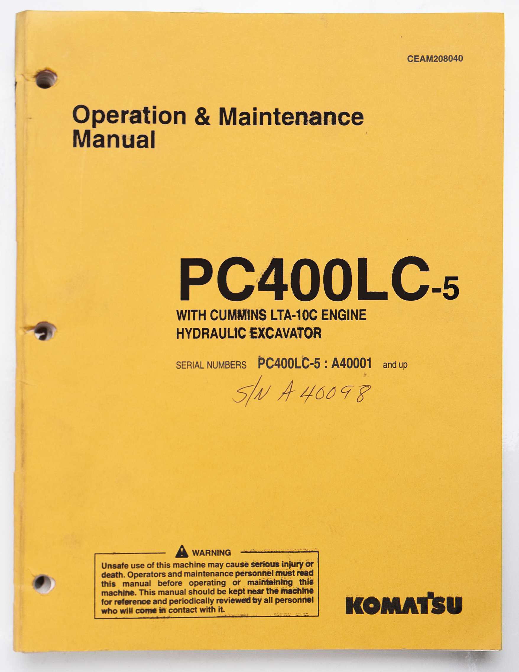 Komatsu PC400LC-5 With Cummins LTA-10C Engine Hydraulic Excavator Operation & Maintenance Manual CEAM208040 September 1994 For Sale