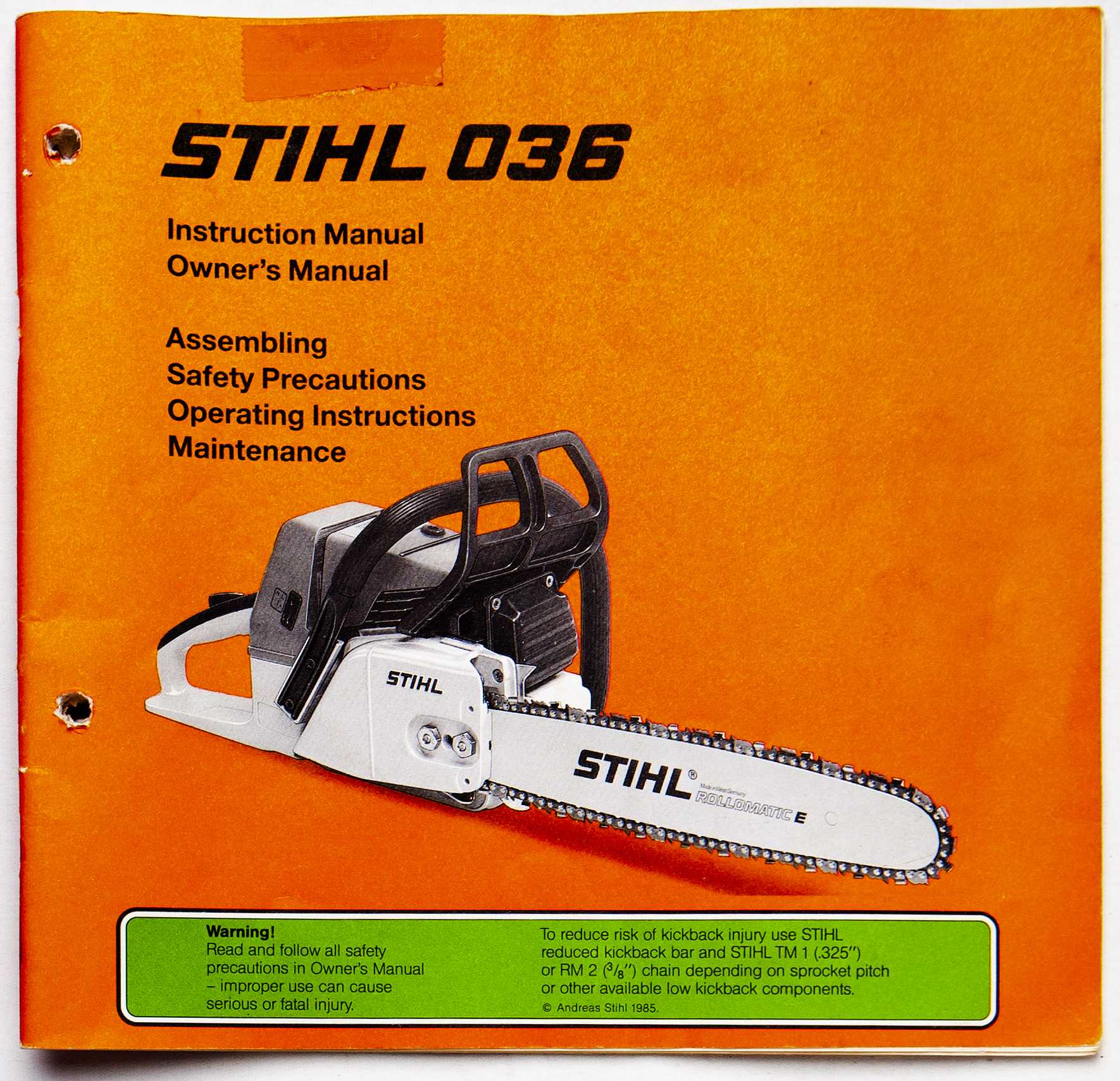 Stihl 036 Instruction Manual/Owner's Manual 0458 138 3021. M0,25. G1. Rei. 1991 For Sale