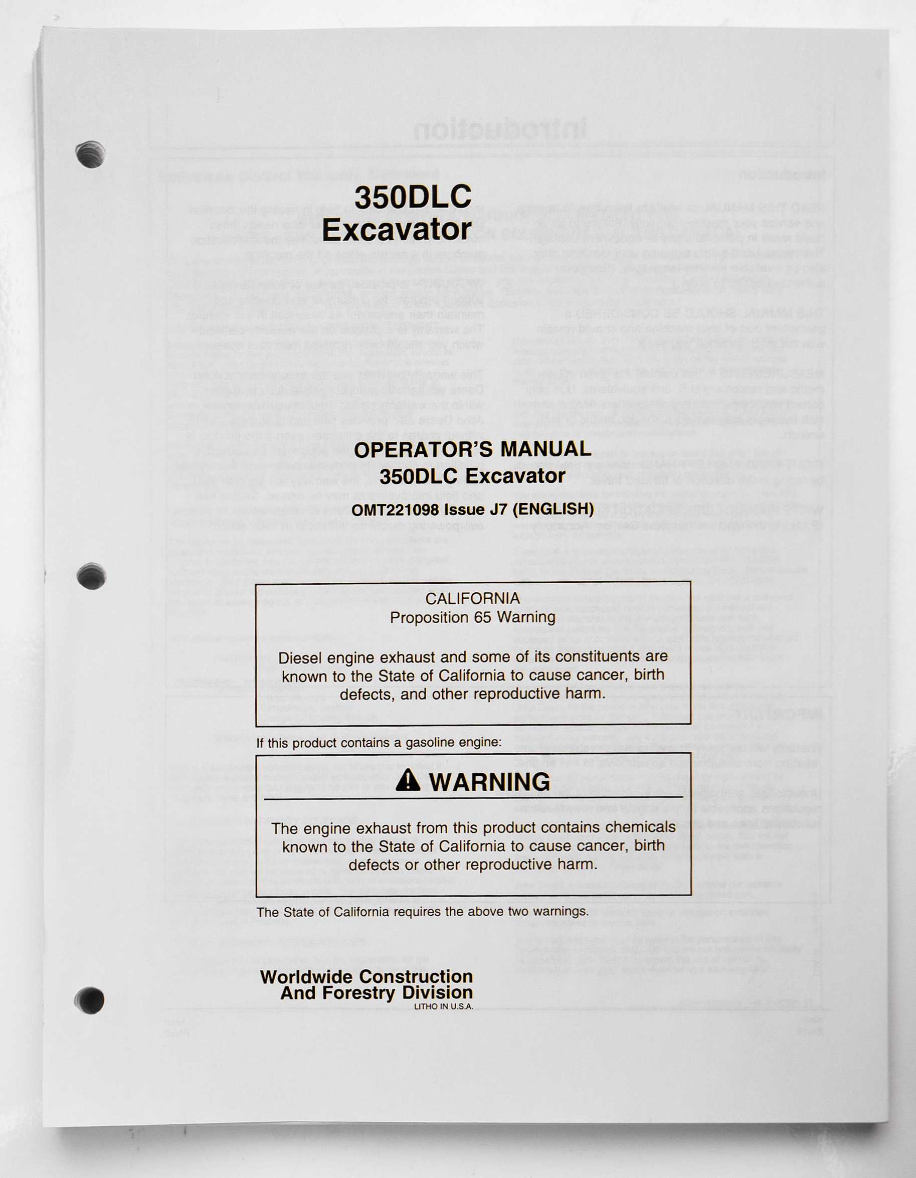 John Deere 350DLC Excavator Operator's Manual OMT221098 Issue J7 For Sale
