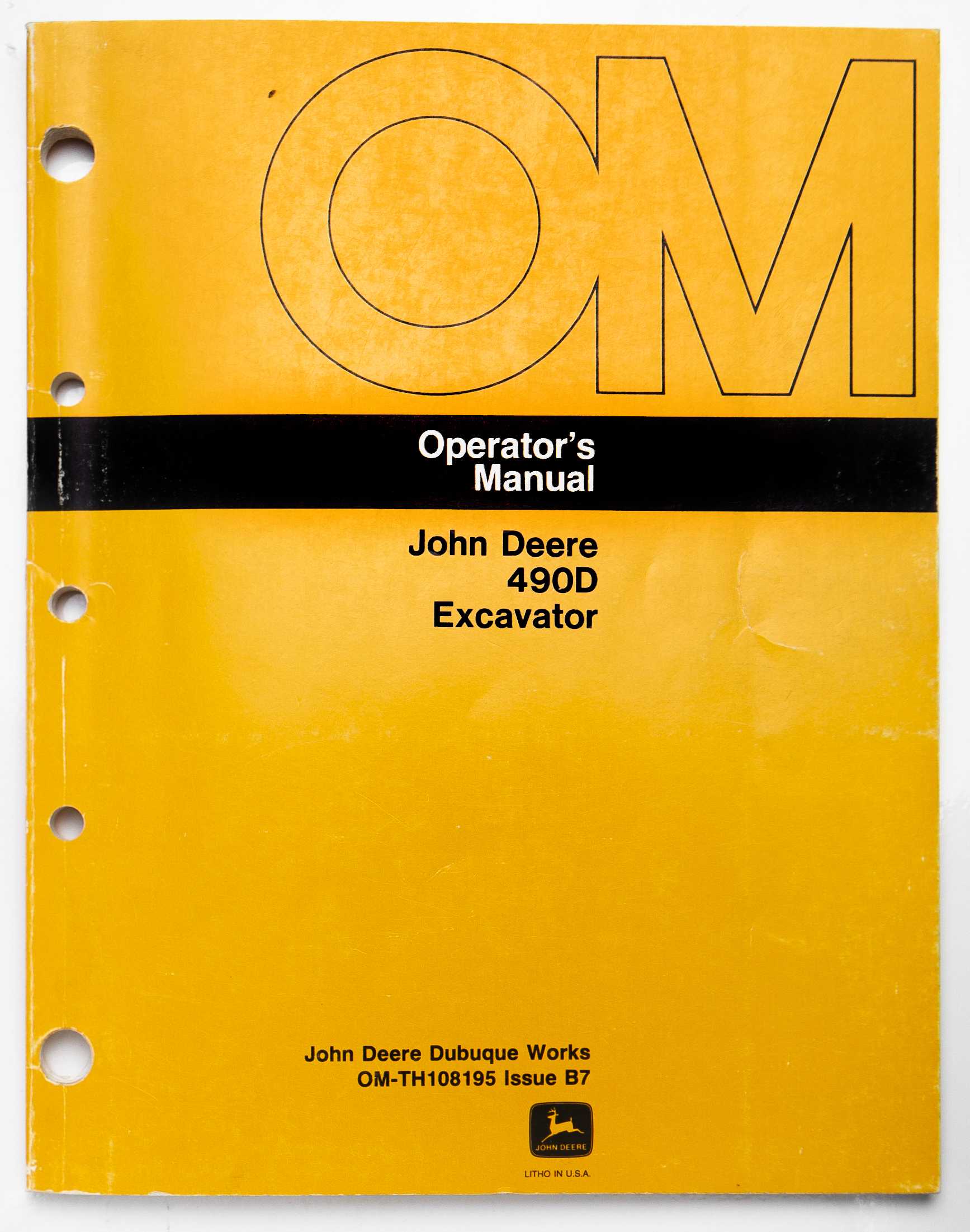 John Deere 490D Excavator Operator's Manual OM-TH108195 Issue B7 1987 For Sale