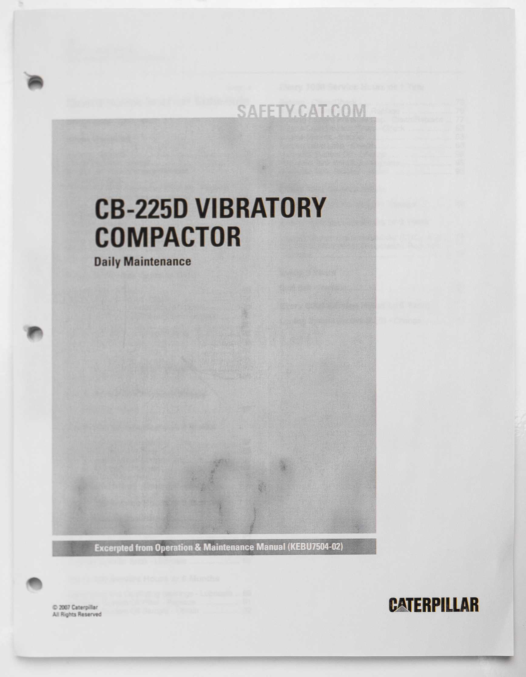 Caterpillar CB-225D Vibratory Compactor Excerpted from Operation & Maintenance Manual Daily Maintenance KEBU7504-02 2007 For Sale