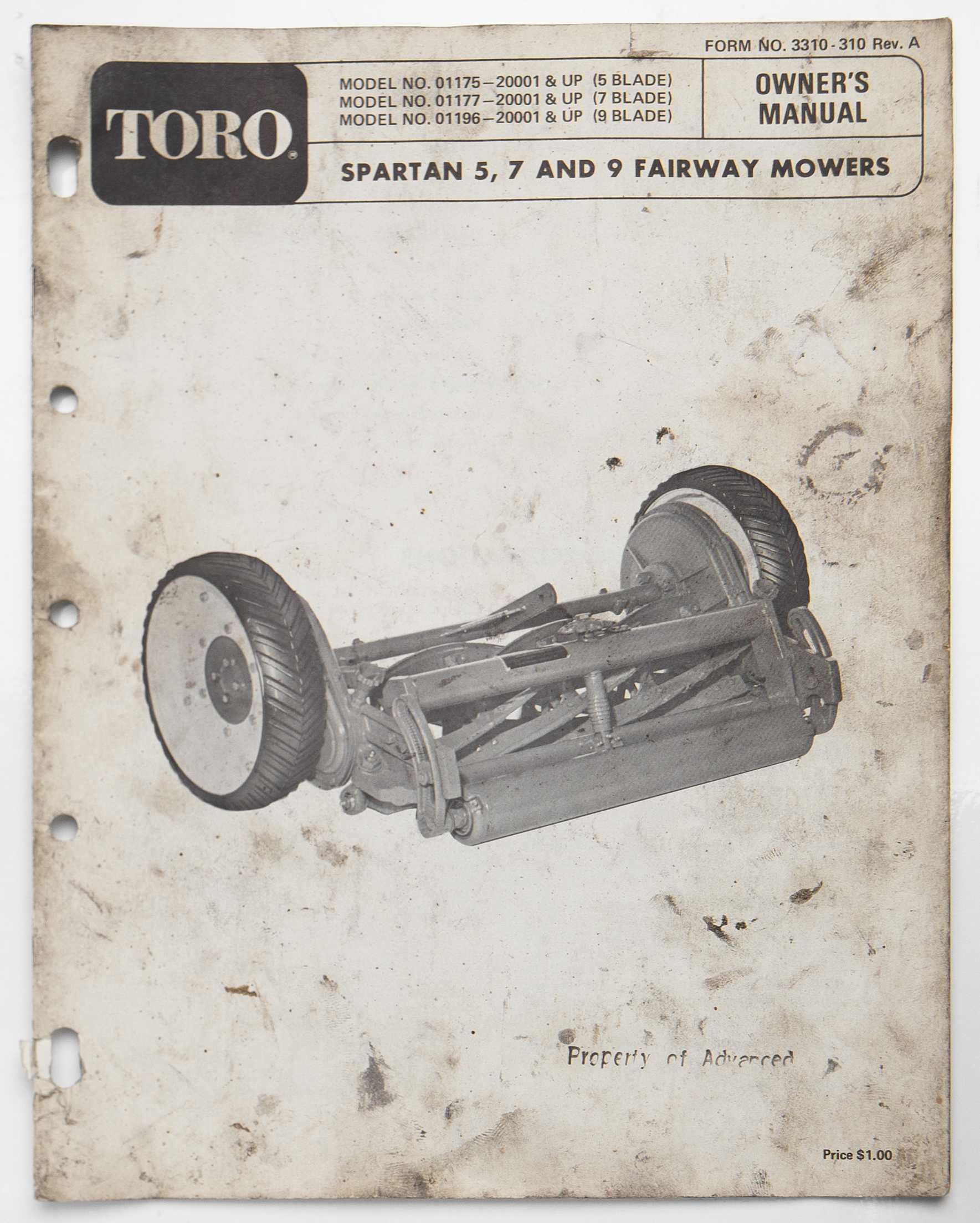 Toro Spartan 5, 7 & 9 Fairway Mowers Owner's Manual Form No. 3310-310 Rev A 1972 For Sale