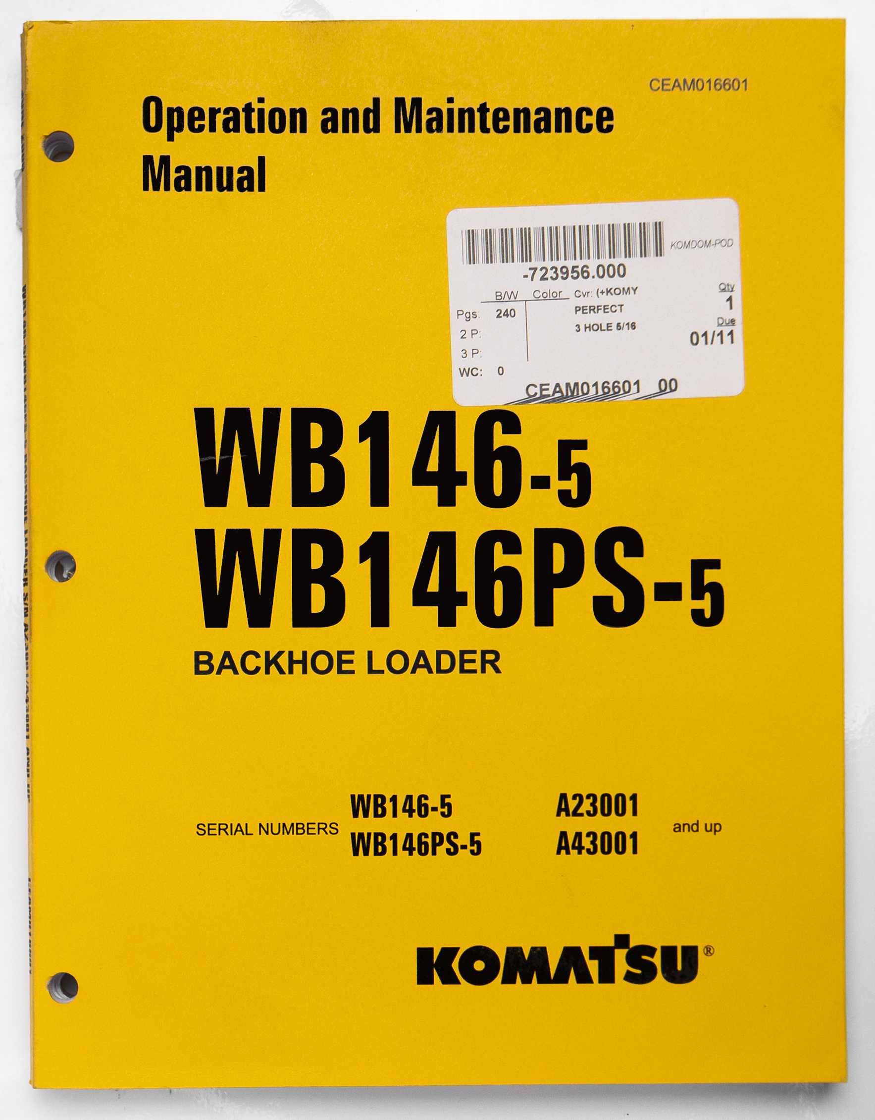 Komatsu WB146-5, WB146PS-5 Backhoe Loader Operation & Maintenance Manual CEAM016601 June 2006 For Sale