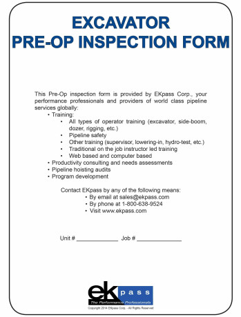 Excavator Pre Operation Checklist Booklet