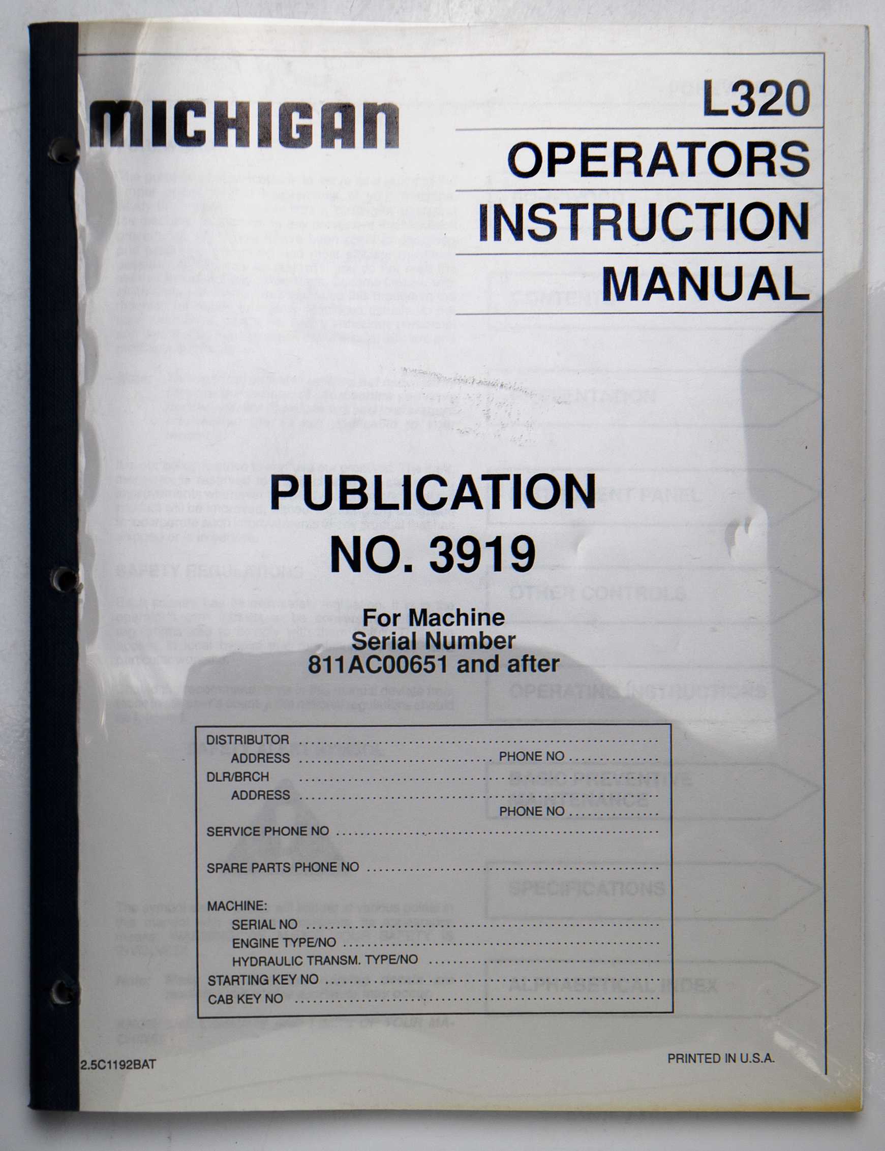 Michigan L320 Wheel Loader Operators Instruction Manual Publication No. 3919 2.5C1192BAT For Sale