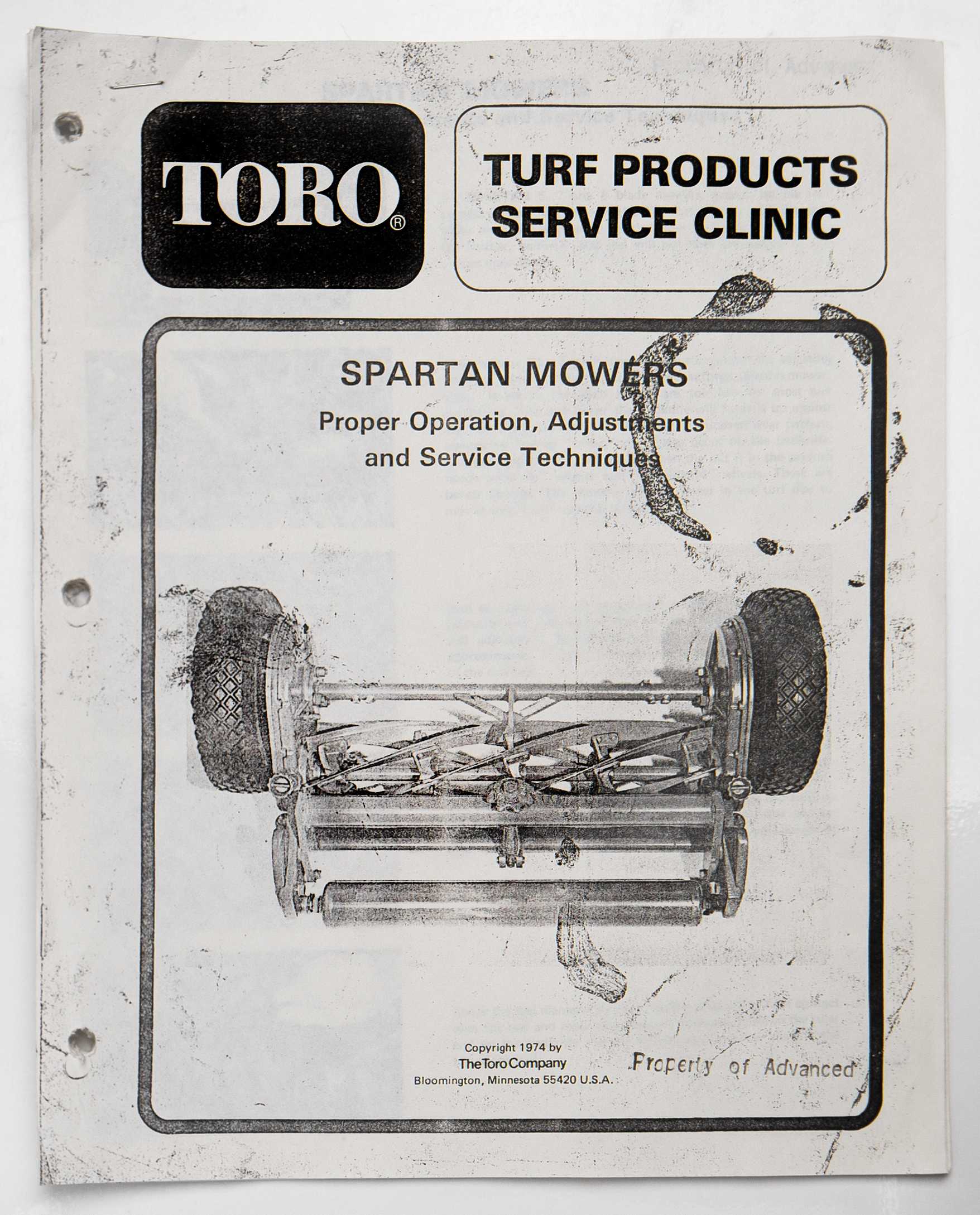 Toro Turf Products Service Clinic Spartan Mowers Proper Operation, Adjustments & Service Techniques V13-910-S 1974 For Sale