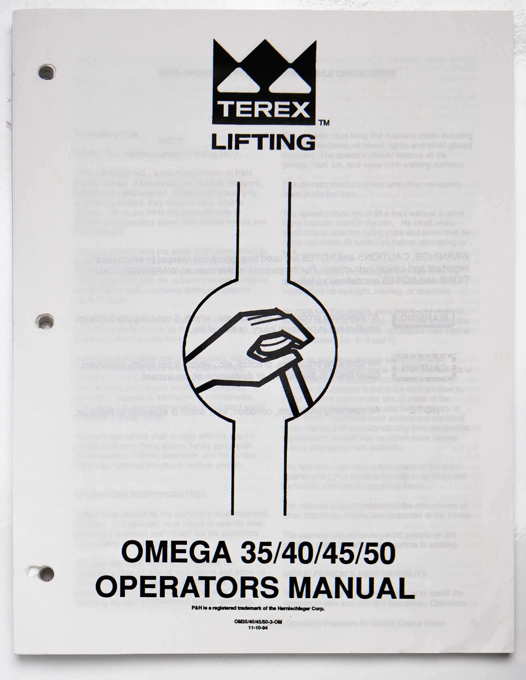 Terex Lifting Operators Manual Omega 35/40/45/50 OM35/40/45/50-3-OM November 1994 For Sale