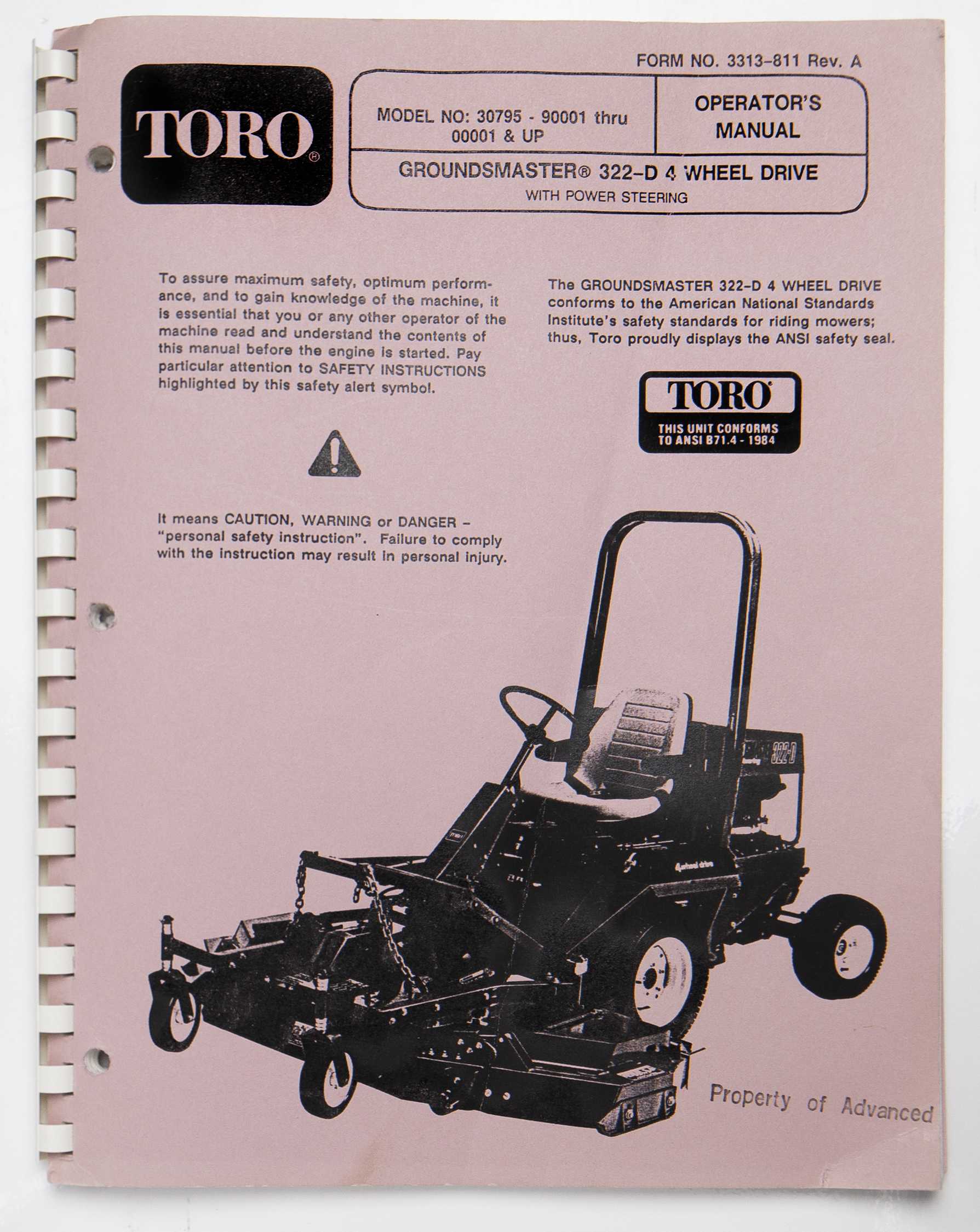 Toro Groundsmaster 322-D 4 Wheel Drive with Power Steering Operator's Manual Form No. 3313-811 Rev A 1990 For Sale