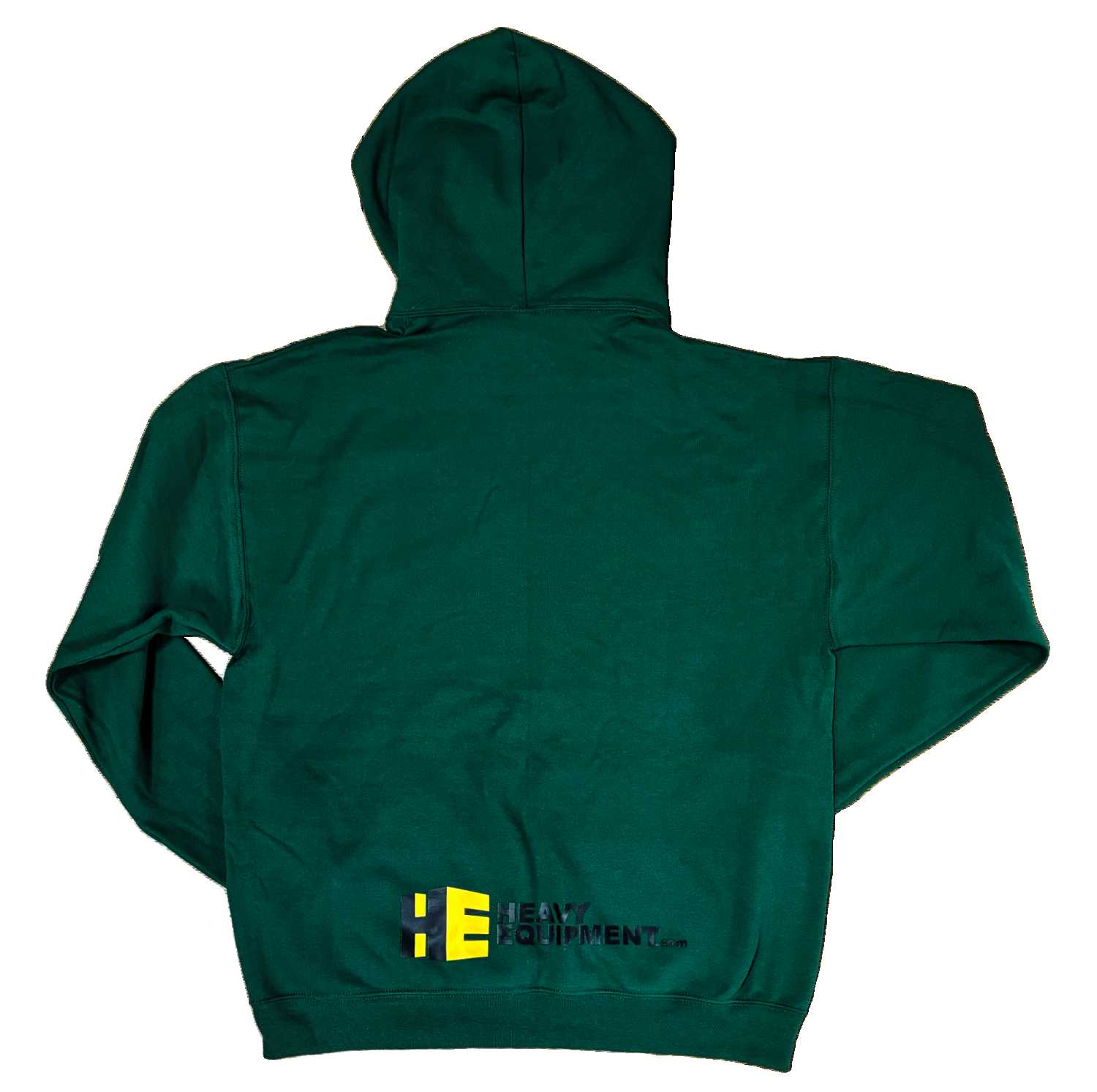 Back side of a green "Thank a Farmer" hoodie with the HeavyEquipment.com  logo at the bottom of the hoodie.