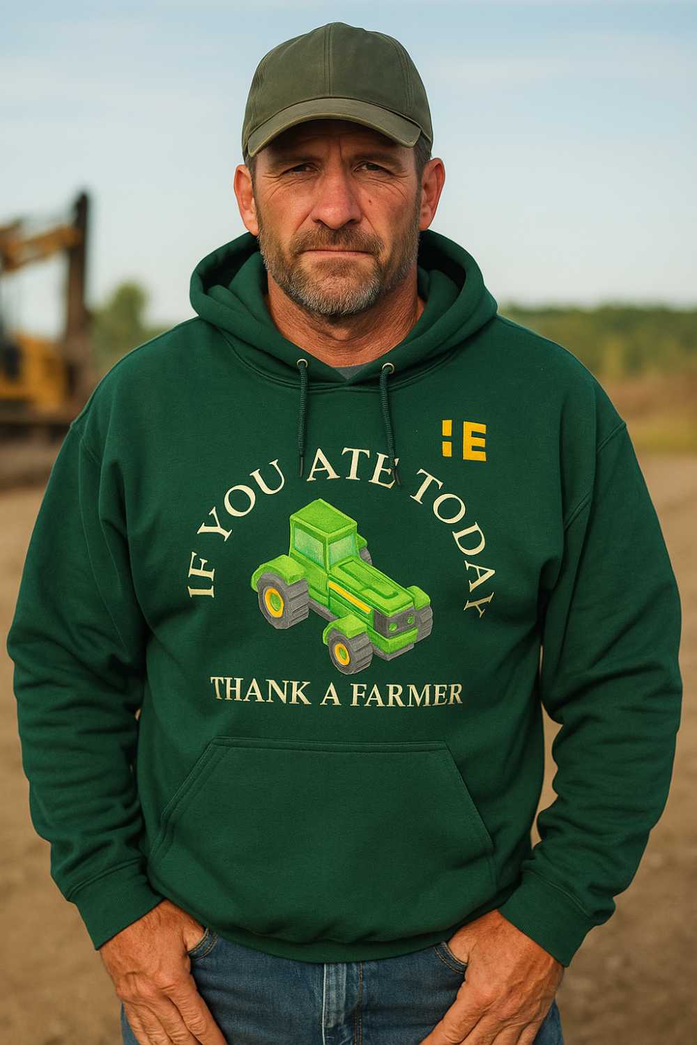 Man wearing a hat and a green hoodie with the HeavyEquipment.com logo and text that says "If You Ate Today Thank a Farmer."