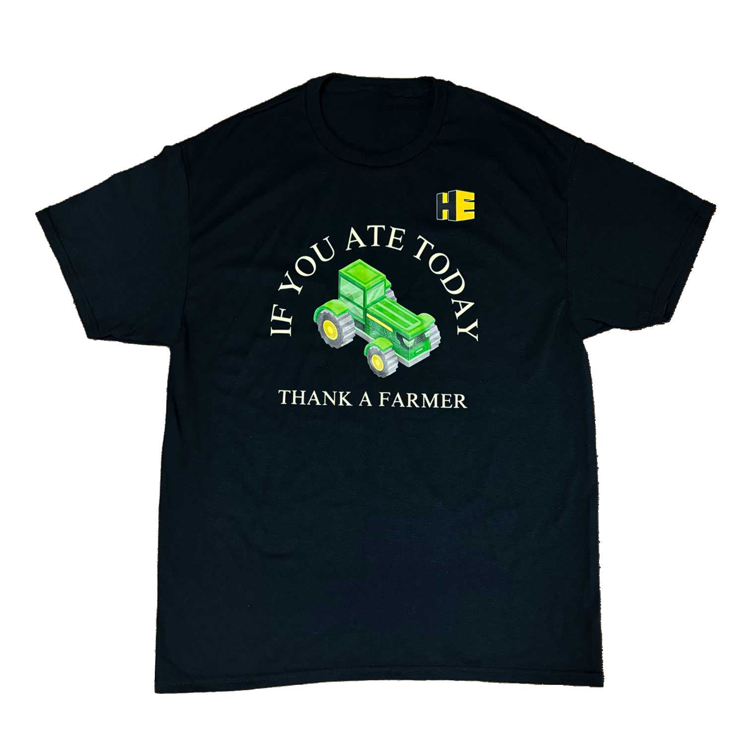 Black "Thank a Farmer" t-shirt with the HeavyEquipment.com logo on the front of the t-shirt.