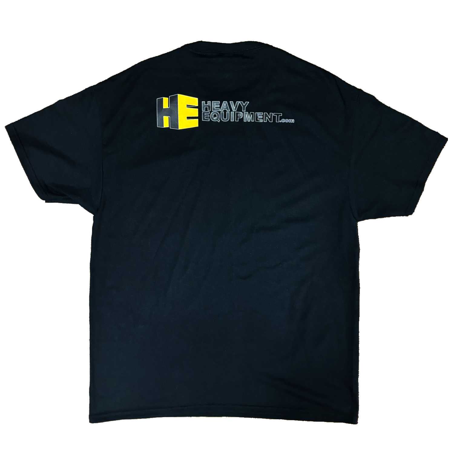 Back side of a Black "Thank a Farmer" t-shirt with the HeavyEquipment.com logo at the top of the t-shirt.