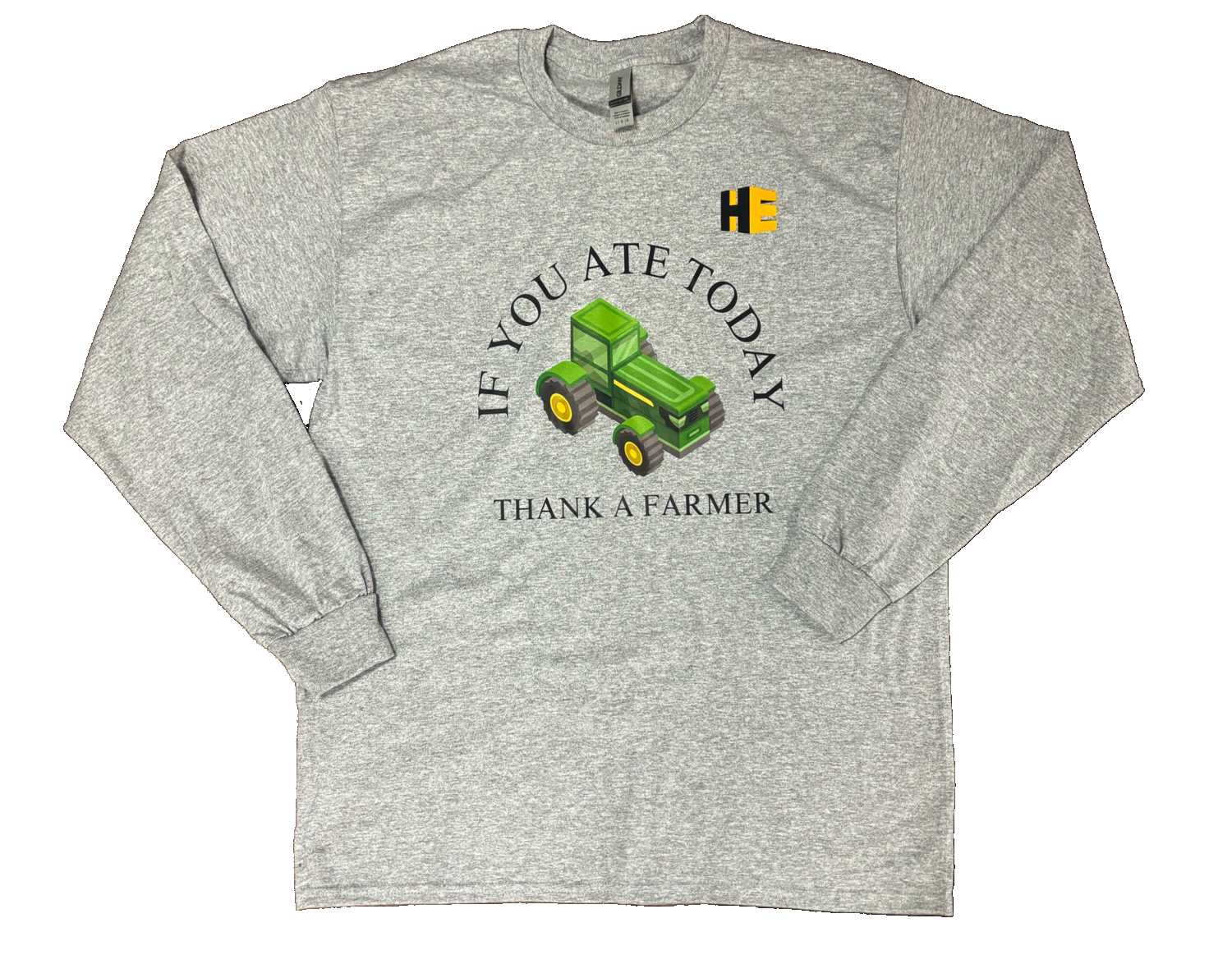Grey "Thank a Farmer" long sleeve shirt with the HeavyEquipment.com logo on the front of the shirt.