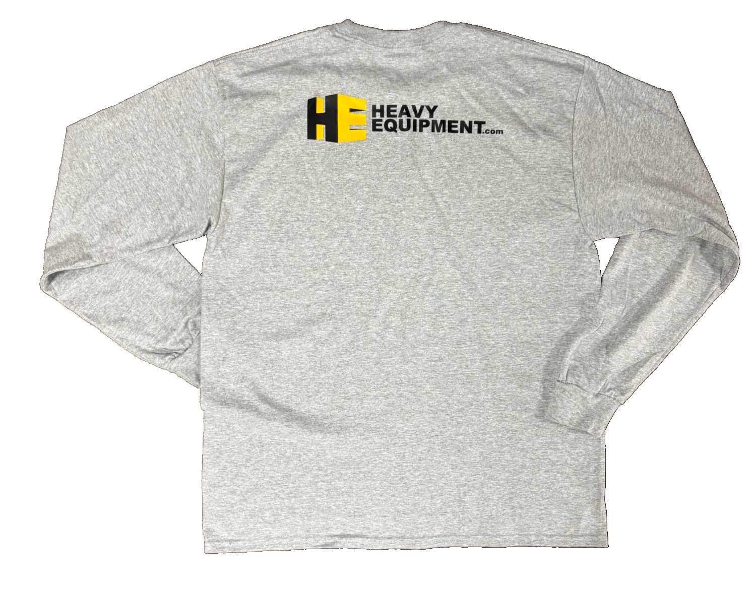 Back side of a Grey "Thank a Farmer" long sleeve shirt with the HeavyEquipment.com logo on the top of the shirt.