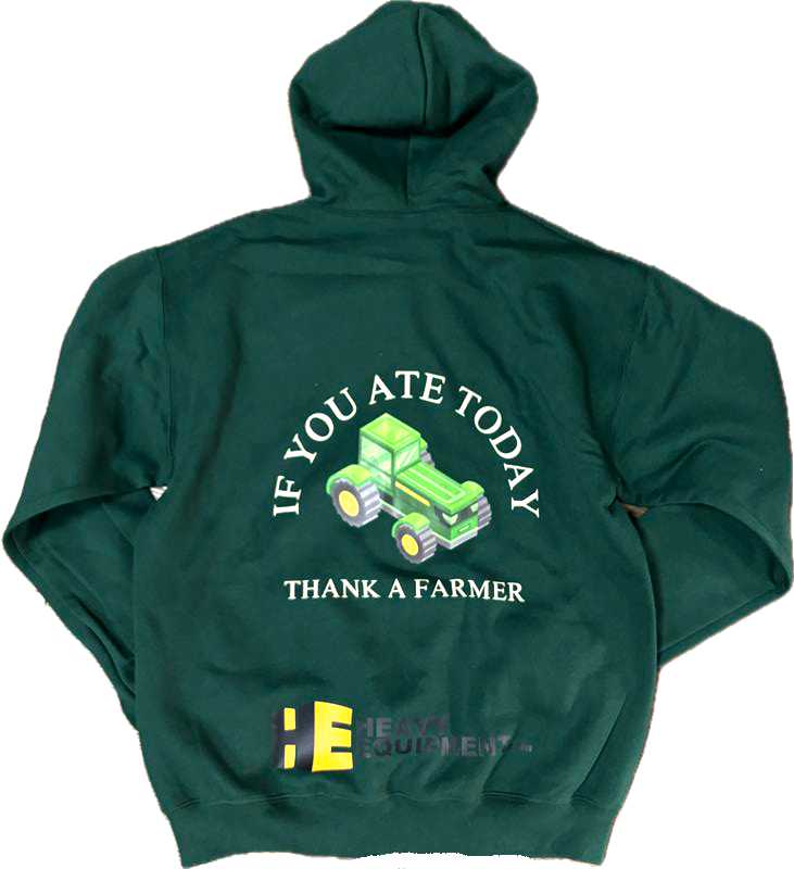 Back side of a Green "Thank a Farmer" zipup hoodie with the HeavyEquipment.com logo on the back.
