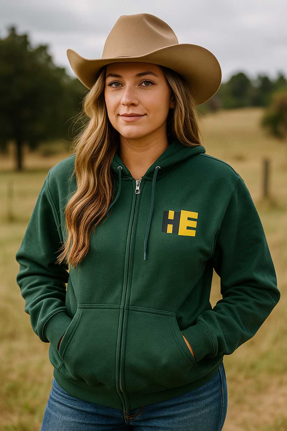 Woman in cowboy hat wearing a Green "Thank a Farmer" zipup hoodie with the HeavyEquipment.com logo on the left side.