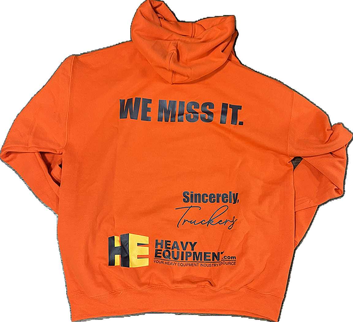 Back side of a Orange "Thank a Trucker" hoodie with the HeavyEquipment.com logo on the bottom.