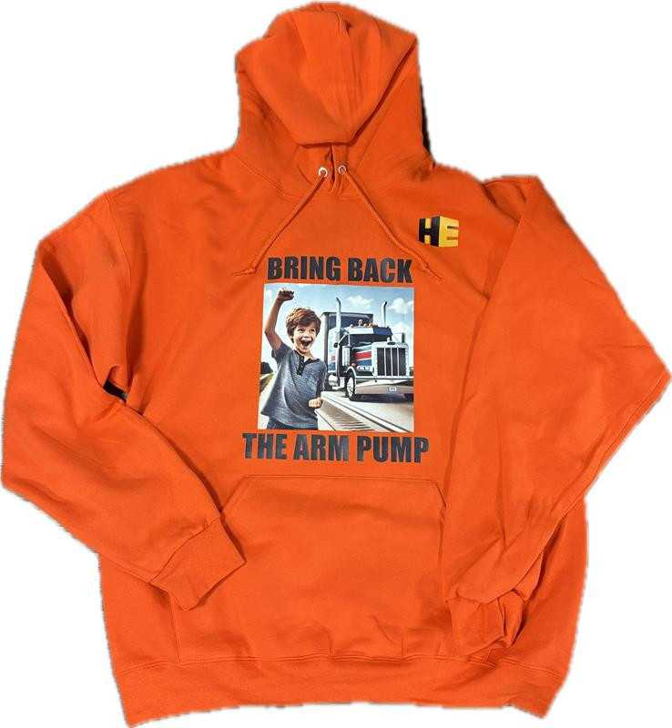 Orange "Thank a Trucker" hoodie with the HeavyEquipment.com logo on the front.